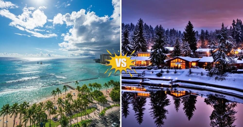 So sánh du lịch mùa hè và mùa đông – một bên là bãi biển nắng đẹp, một bên là khu nghỉ dưỡng phủ đầy tuyết