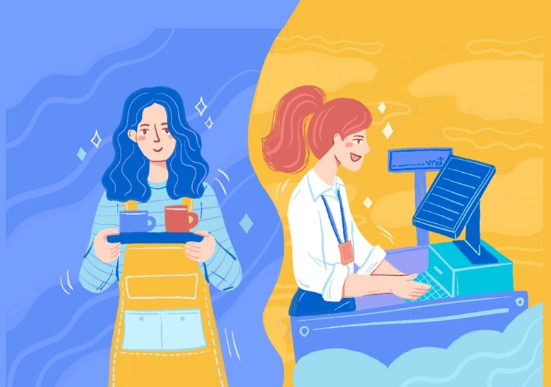 Minh họa hai người phụ nữ làm nghề khác nhau: phục vụ và văn phòng