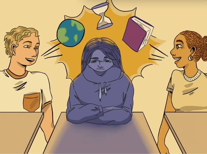 Hình ảnh minh họa người hướng nội im lặng giữa hai người bạn đang trò chuyện sôi nổi