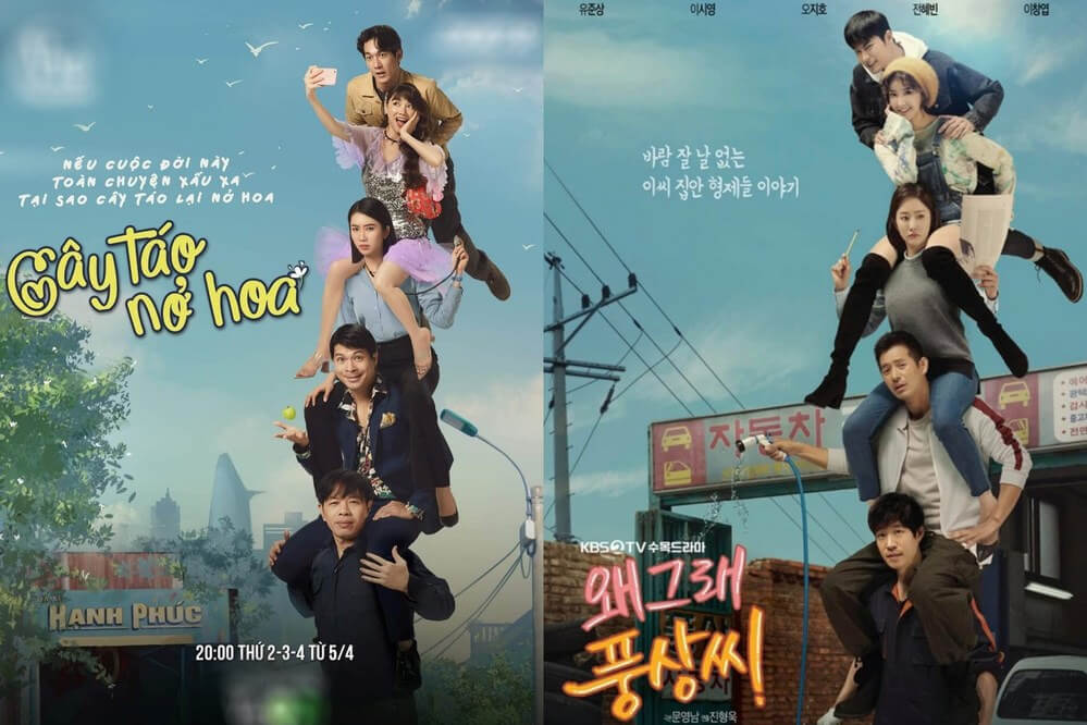 Poster so sánh hai phim gia đình Việt Nam "Cây Táo Nở Hoa" và Hàn Quốc "Revolutionary Sisters" với dàn nhân vật ngồi chồng lên nhau