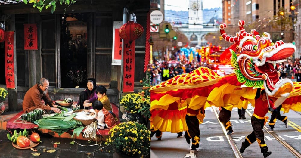 So sánh phong tục Tết Việt với cảnh gói bánh chưng truyền thống và Tết Trung Quốc với múa lân sư rồng trên phố