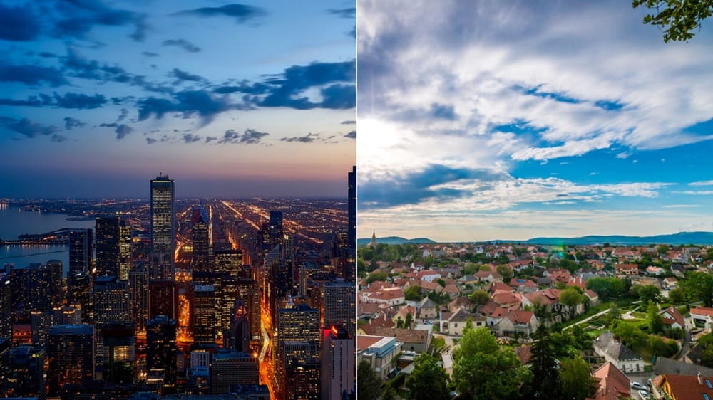 So sánh giữa thành phố hiện đại ban đêm và vùng quê yên bình ban ngày