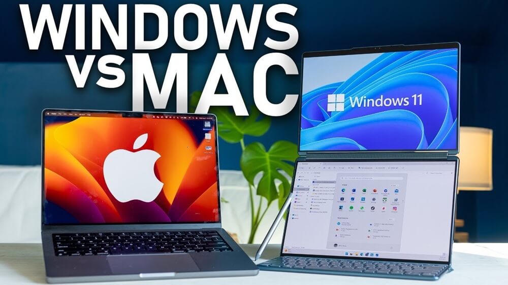 Hai máy tính hiển thị giao diện Windows 11 và macOS với tiêu đề “Windows vs Mac”