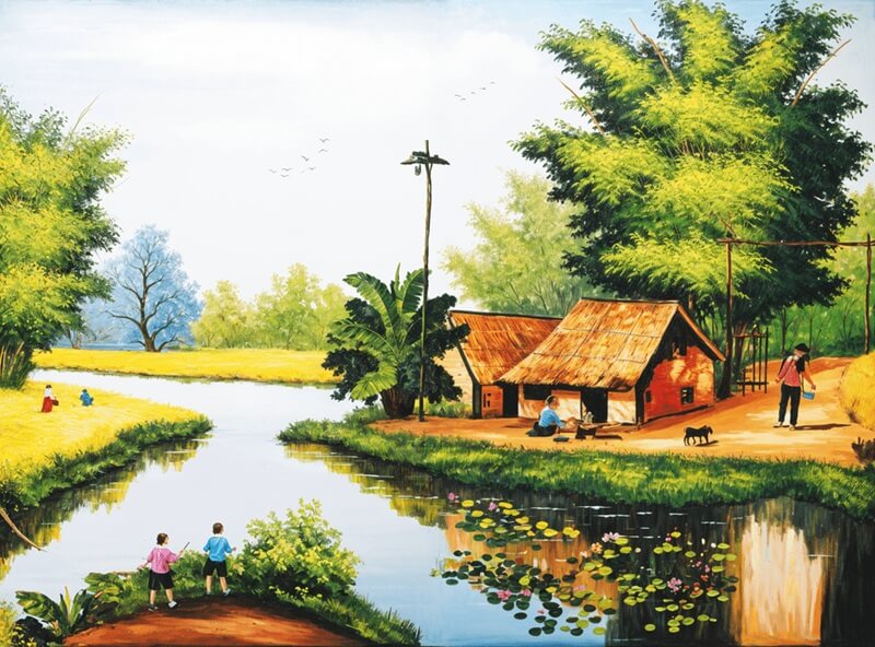Tranh vẽ phong cảnh làng quê Việt Nam với ao sen, nhà tranh và trẻ em chơi đùa