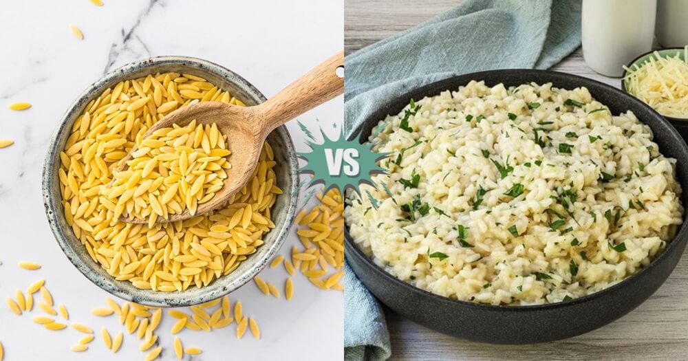 so sánh trực quan giữa Orzo và Risotto trong hai tô riêng biệt