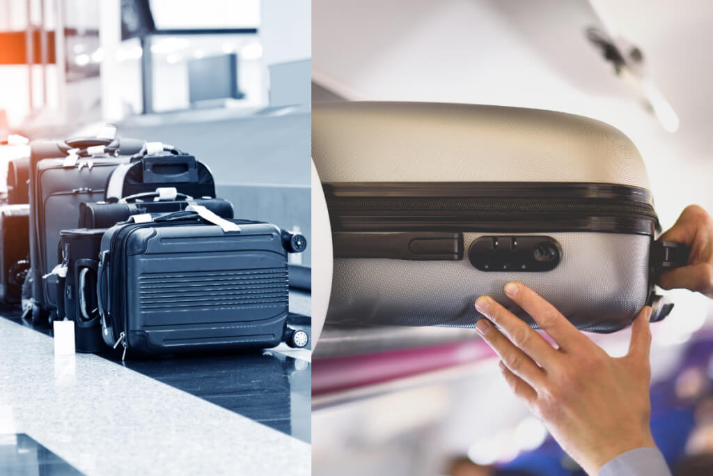 Hành lý xách tay và hành lý ký gửi tại sân bay, đại diện cho việc chuẩn bị cho chuyến đi, so sánh giữa hàng chính hãng và hàng xách tay