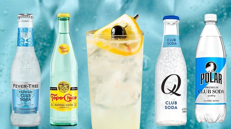 Các loại nước club soda từ các thương hiệu nổi tiếng như Fever-Tree, Topo Chico, và Q Mixers, minh họa sự khác biệt giữa các loại nước có ga